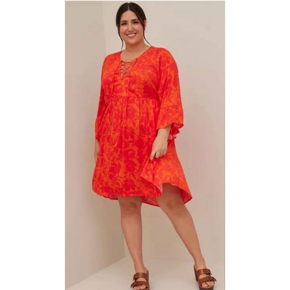 Torrid Orange Red Floral Challis Hi-Low Babydoll Dress Size 3X